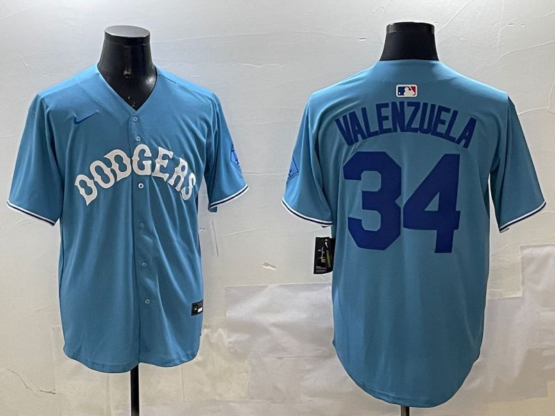 Men Los Angeles Dodgers 34 Valenzuela Light Blue Joint Name 2025 Nike MLB Jersey style 31612